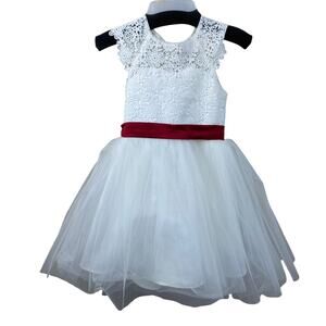Girl's White Lace Tulle Sleeveless Bow Back Flower Girl Formal Dress Size 5-6Y